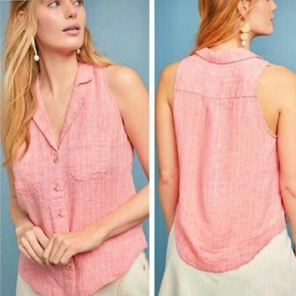 Anthropologie Maeve Felicity Sleeveless Linen Button Down‎ Tank Top Pink Size 6